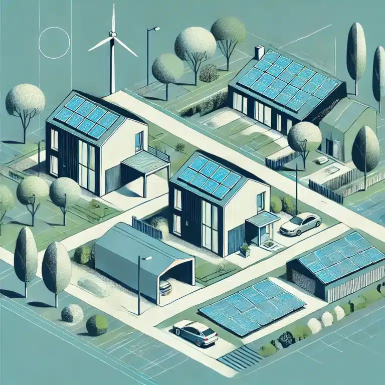 Abstracte visualisatie van duurzame woningen in Nederland, met moderne huizen, zonnepanelen en groene elementen zoals bomen, in het kleurenschema van Walton Makelaars (blauw en groen).
