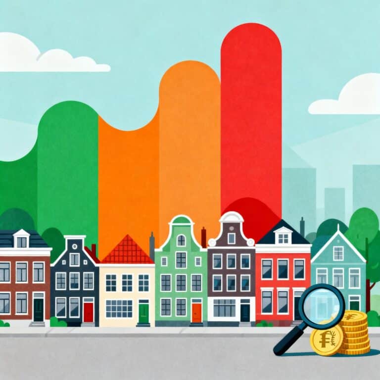 Cartoon van Nederlandse huizen met gekleurde vlakken en euro’s, thema huizenprijzen per wijk, geen tekst.
